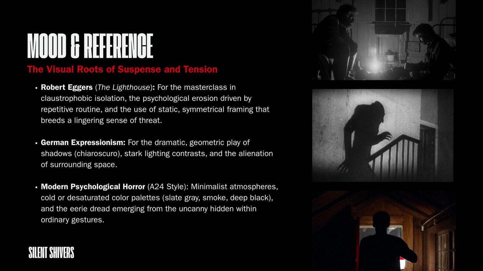Visual Moodboard & Cinematic References Visual reference slide for creative direction, featuring an image of a dark silhouette inside a wooden room.