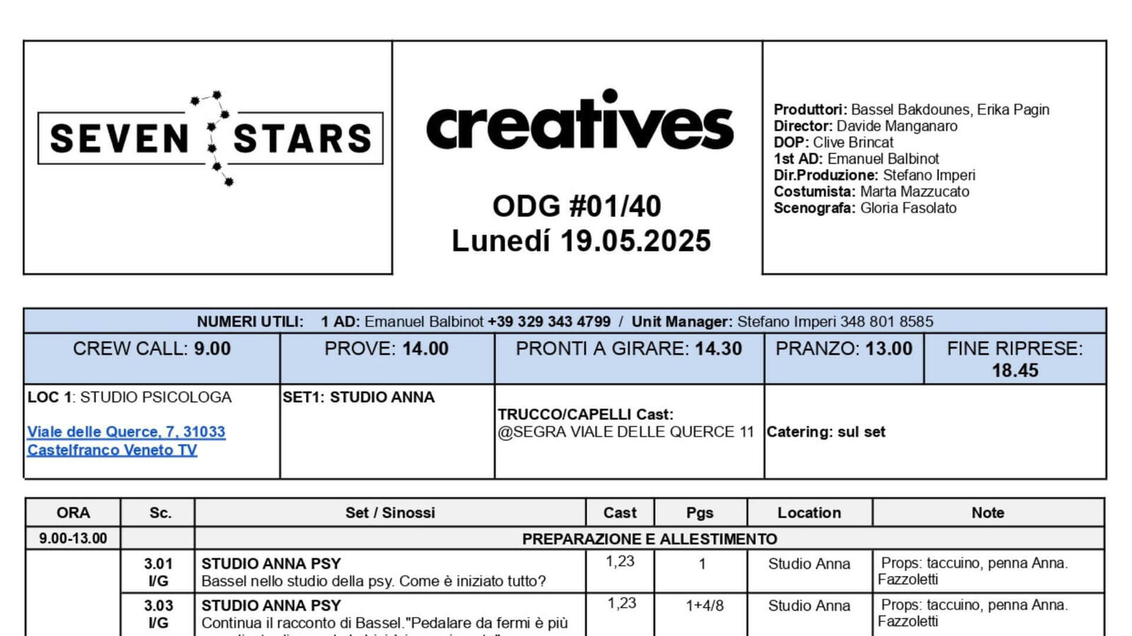 Call Sheet #01 | Creatives The Series First official production call sheet document for the TV series Creatives, detailing crew call times and shooting schedule.