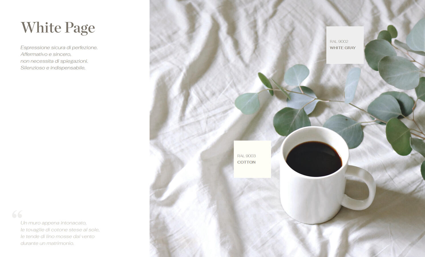 Sensitive Palette — "White Page" Flash Fiction KE brochure page featuring linen fabric details, a cup of coffee, and the poetic text "White Page".