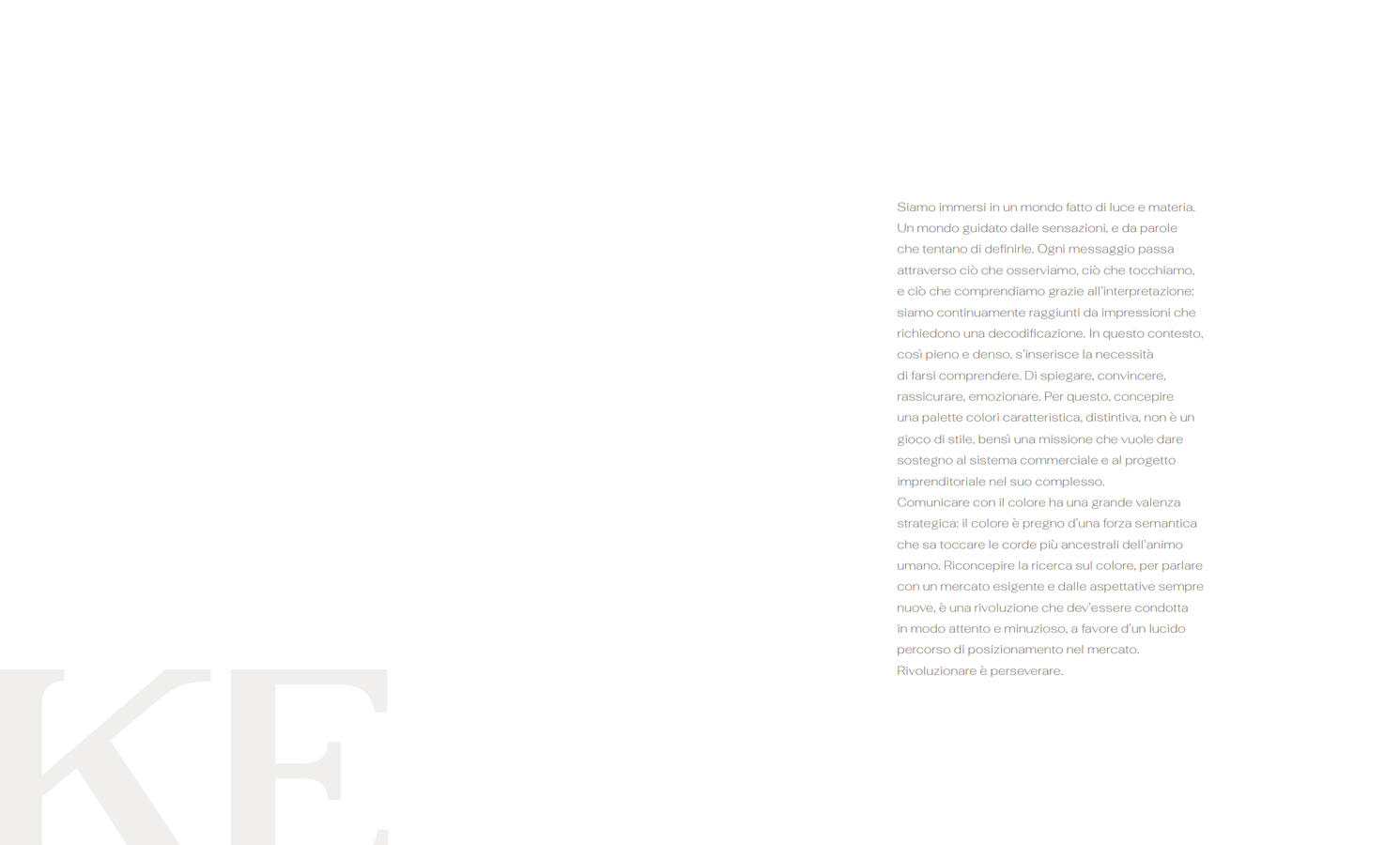 Strategic Manifesto & Brand Vision — KE Outdoor Introductory page of the KE Color Palette brochure displaying the manifesto text on color communication and brand vision.