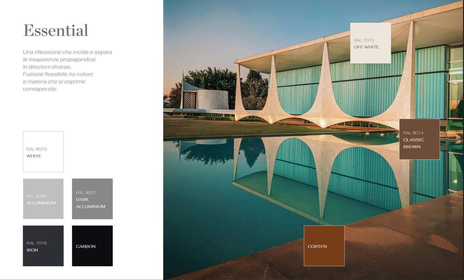 Essential Palette — Material & Light KE catalog page dedicated to the Essential color palette, featuring modern architecture photography with reflections on water.