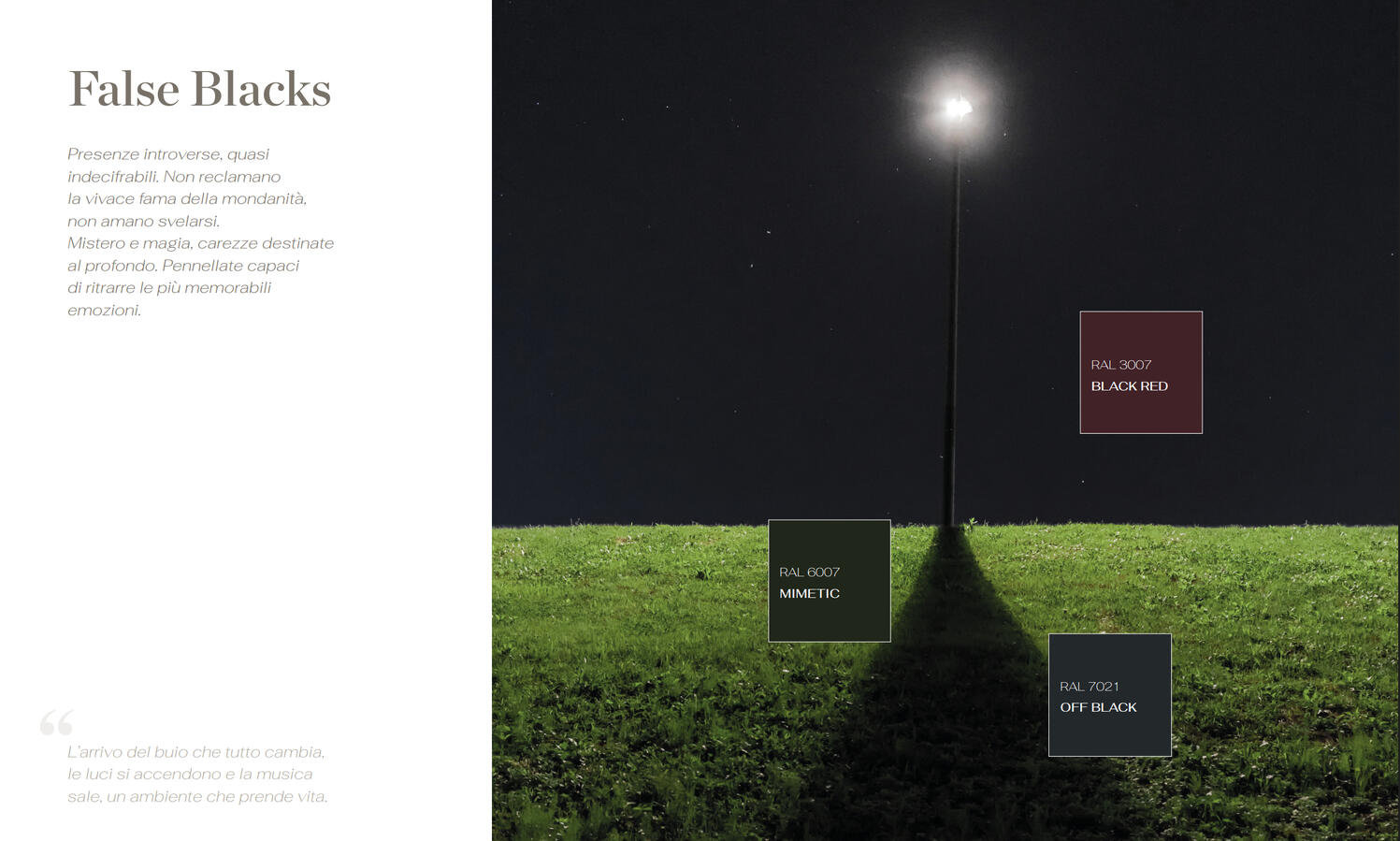 False Blacks Palette — Chromatic & Emotional Nomenclature KE catalog section dedicated to dark False Blacks shades, featuring color swatches and descriptive narrative copy.