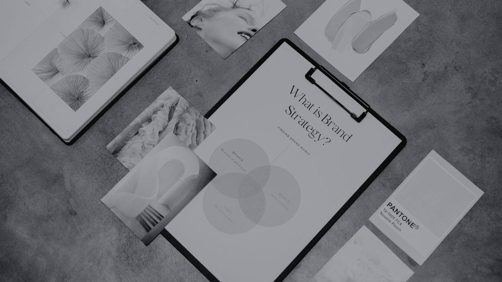 Brand & Content Strategy — Visual Identity Definition | Jessica Evelyn Rodrigues de Lima Brand strategy moodboard and documents featuring Pantone color swatches and visual identity guides arranged on a workspace table.