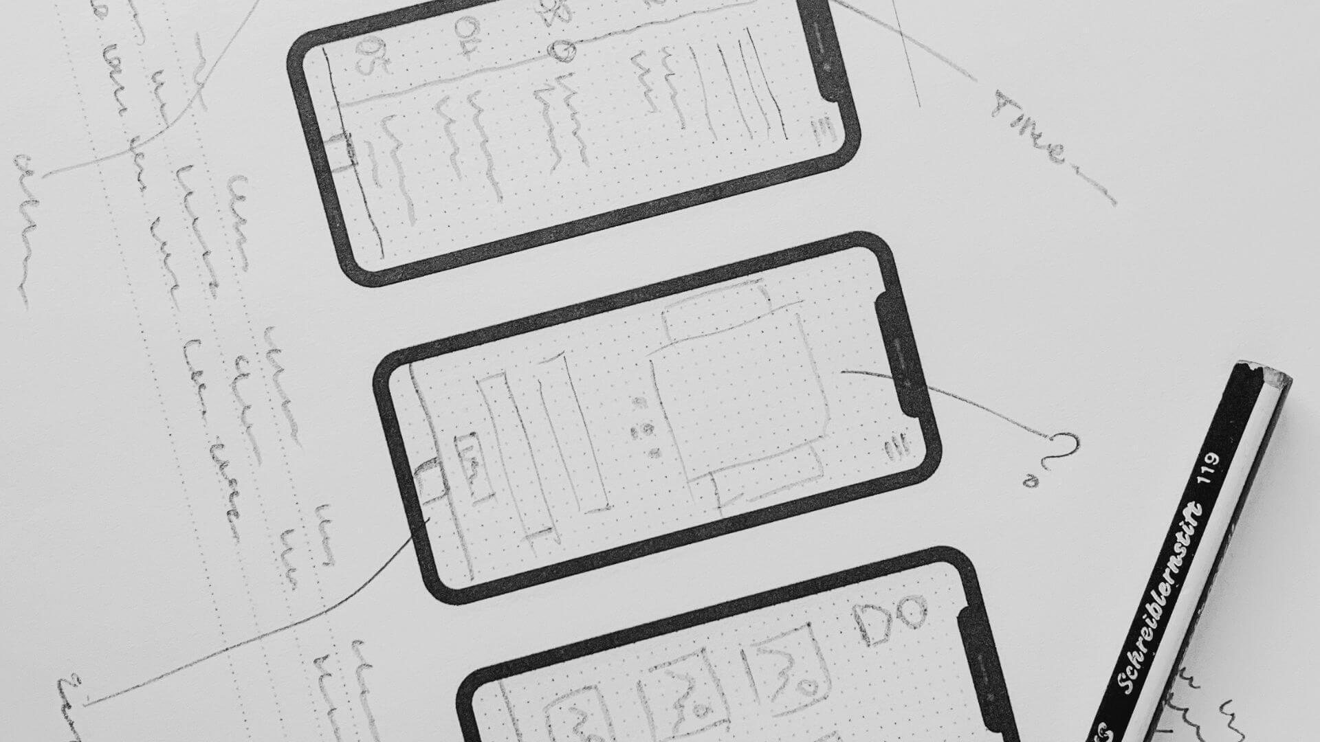 Audience & Digital Strategy — Content Architecture | Jessica Evelyn Rodrigues de Lima Hand-drawn strategic wireframe and content architecture sketch for digital platforms and mobile layouts on a sketchbook using a pencil.
