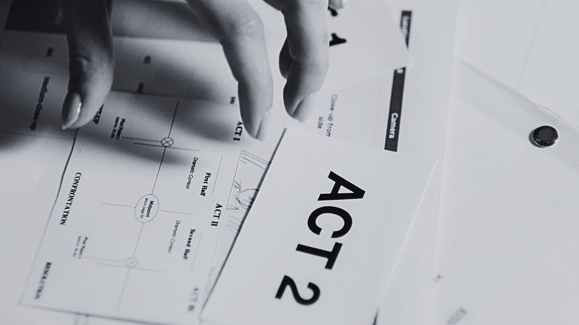Narrative Strategy & Story Architecture — Jessica Evelyn Rodrigues de Lima Black and white close-up of a hand placing an index card labeled 'ACT 2' onto a narrative structure and screenplay diagram.